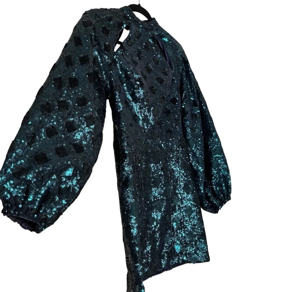 Free People Teal Sequined Chantes Holiday Backless Blouson Sleeves Dress Size 2